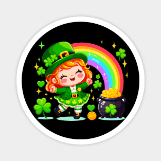 A cute Irish Lassie dancing an Irish jig celebrates St Patrick's Day with a rainbow pot of gold and shamrocks Irish Pride Irish American four leaf clovers Irish dance Magnet